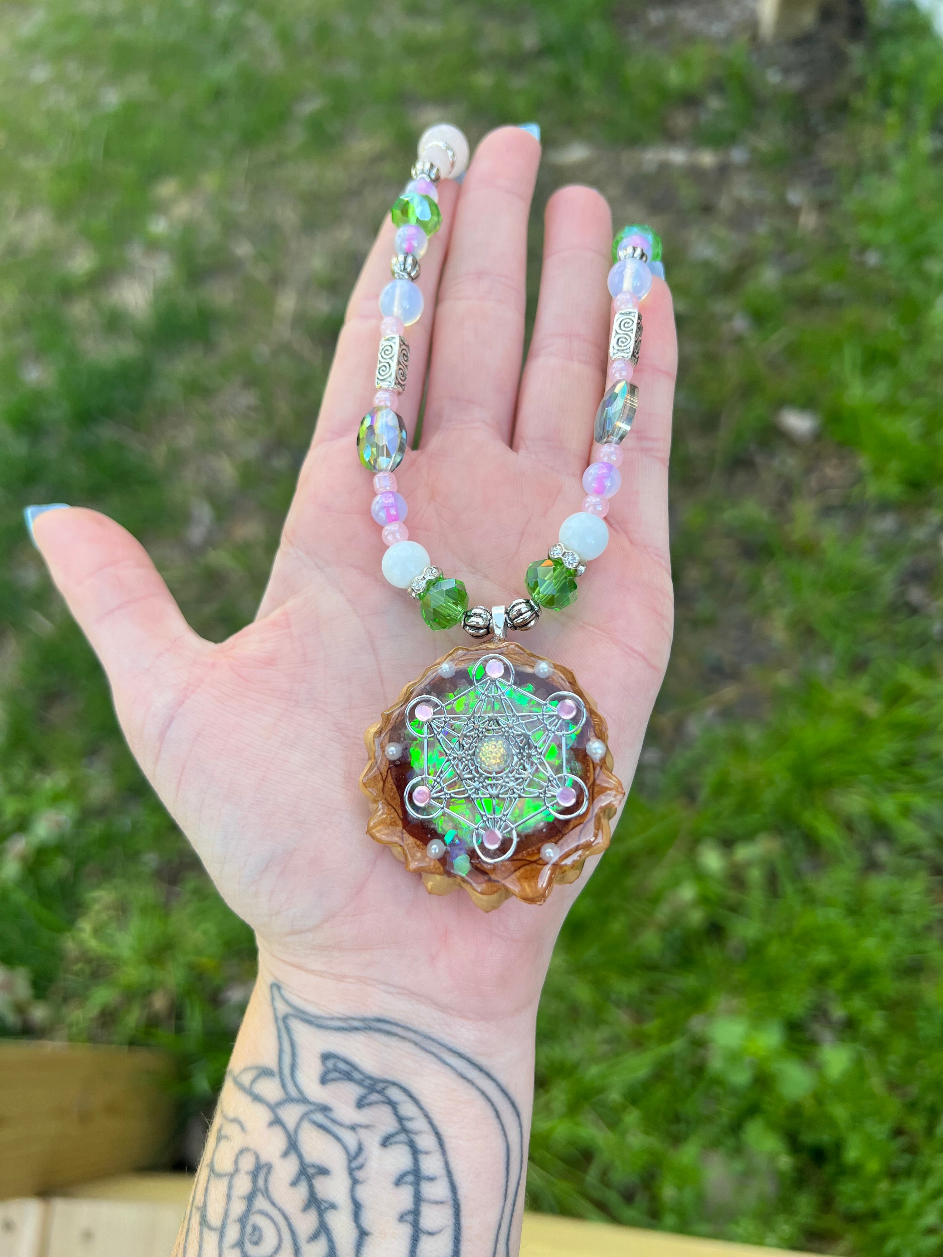 Handmade Necklace Resin Pine Cone Pendant Holographic Beaded