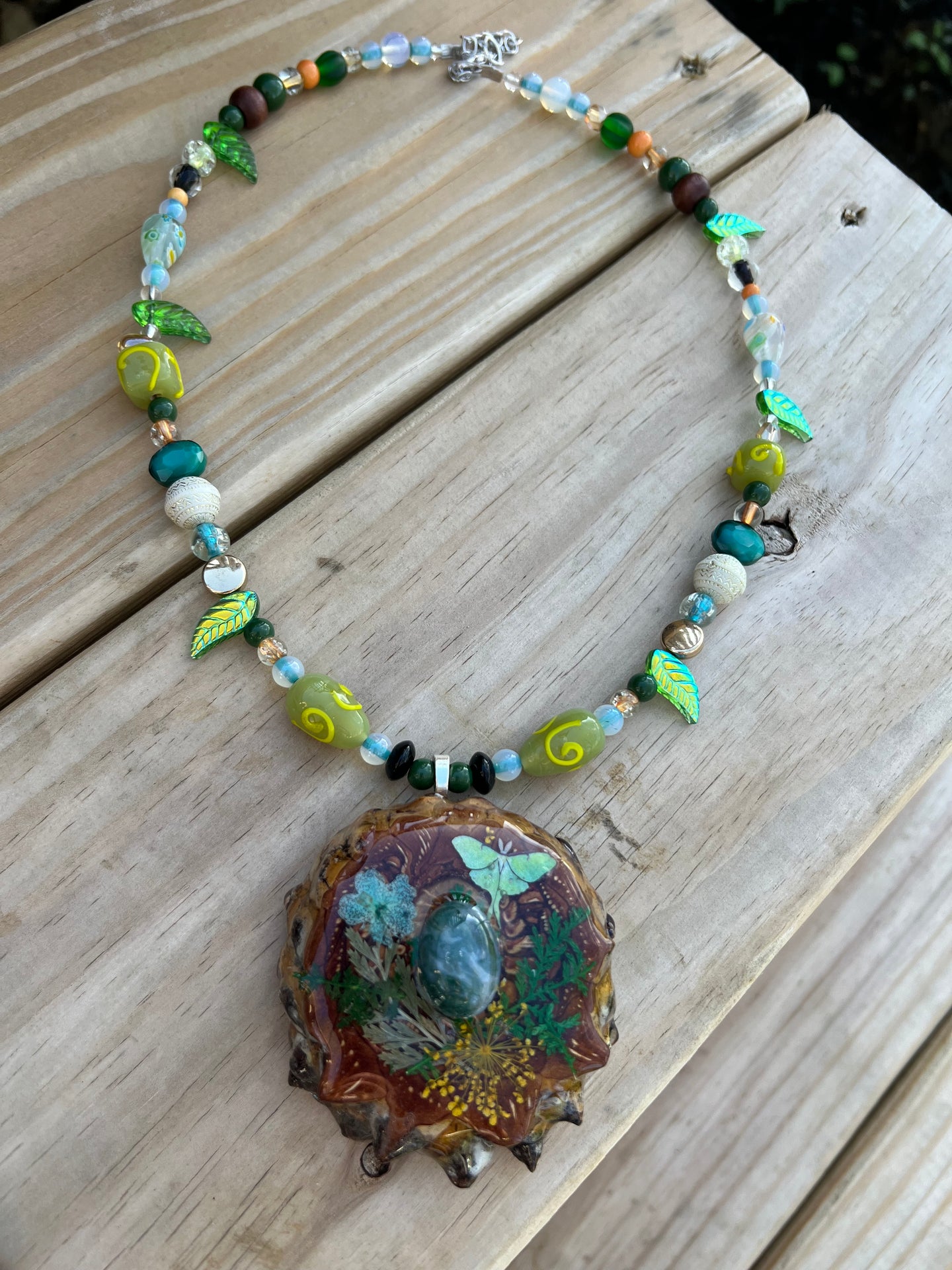 Luna Moth Beaded Pinecone Necklace