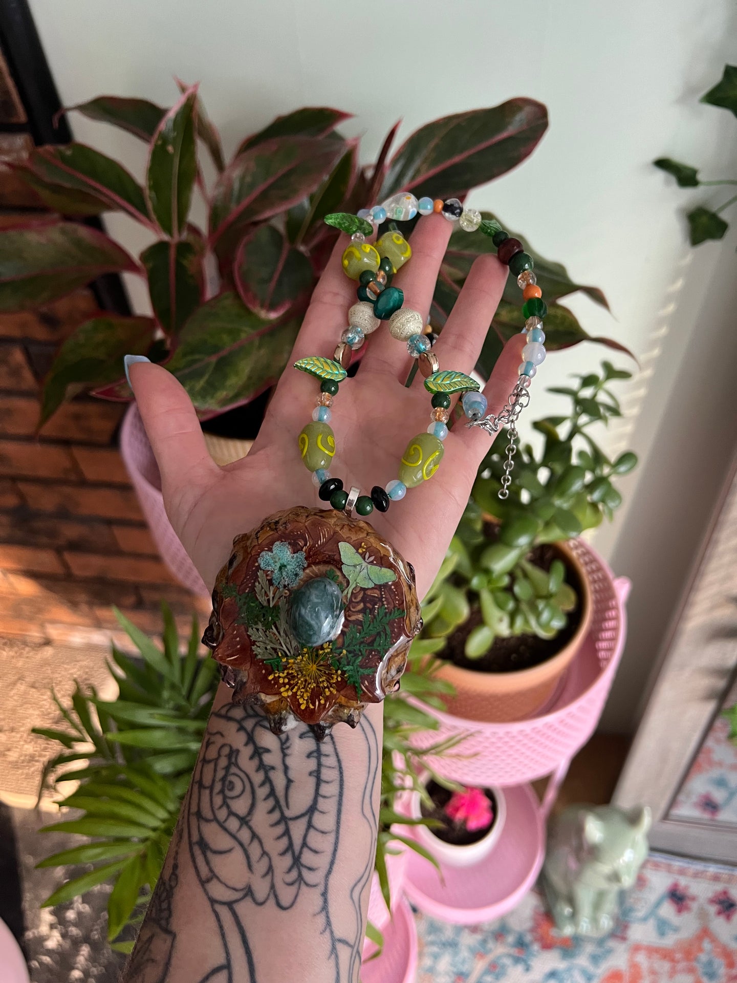 Luna Moth Beaded Pinecone Necklace