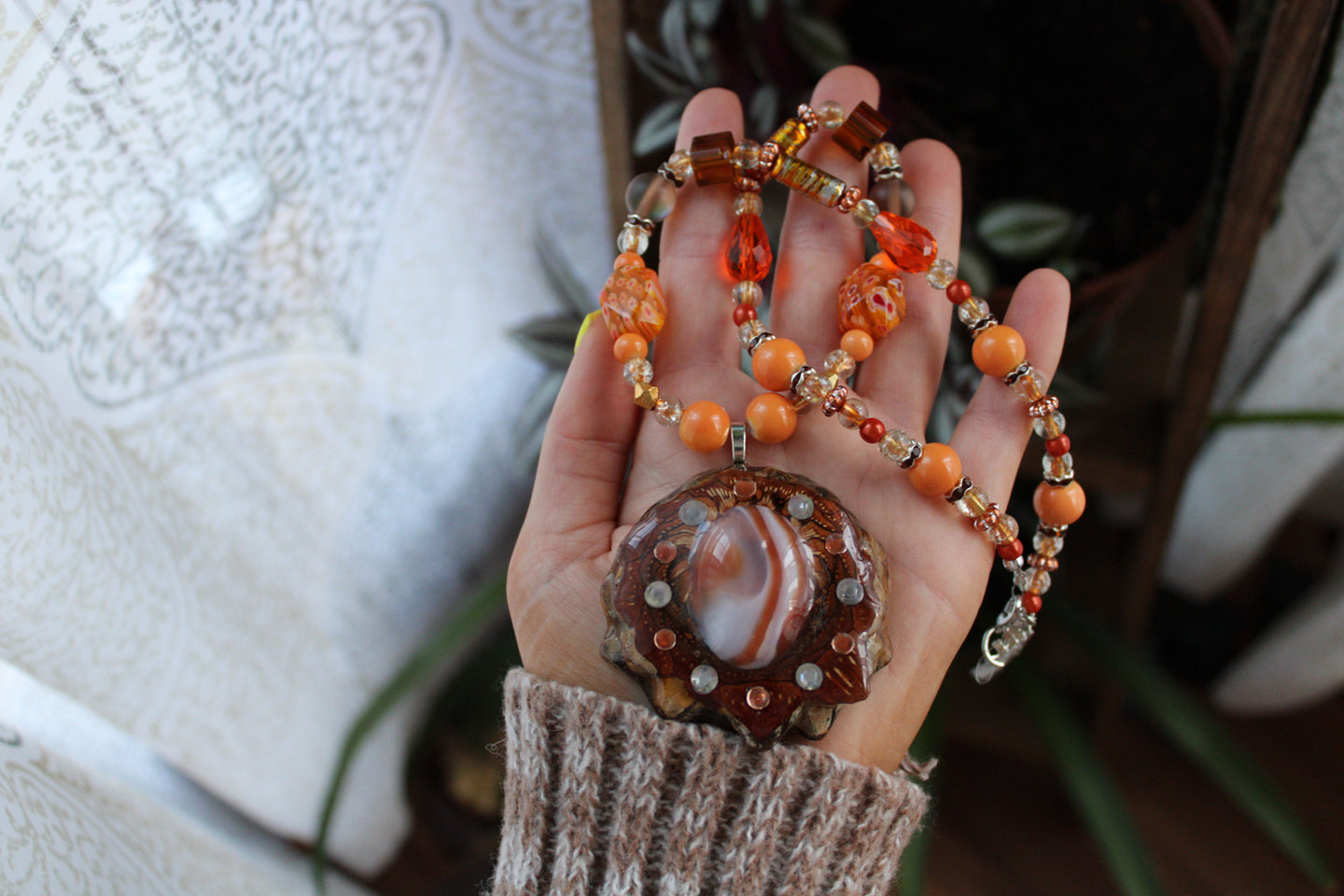 Carnelian Agate Pinecone Beaded Necklace 19-22"