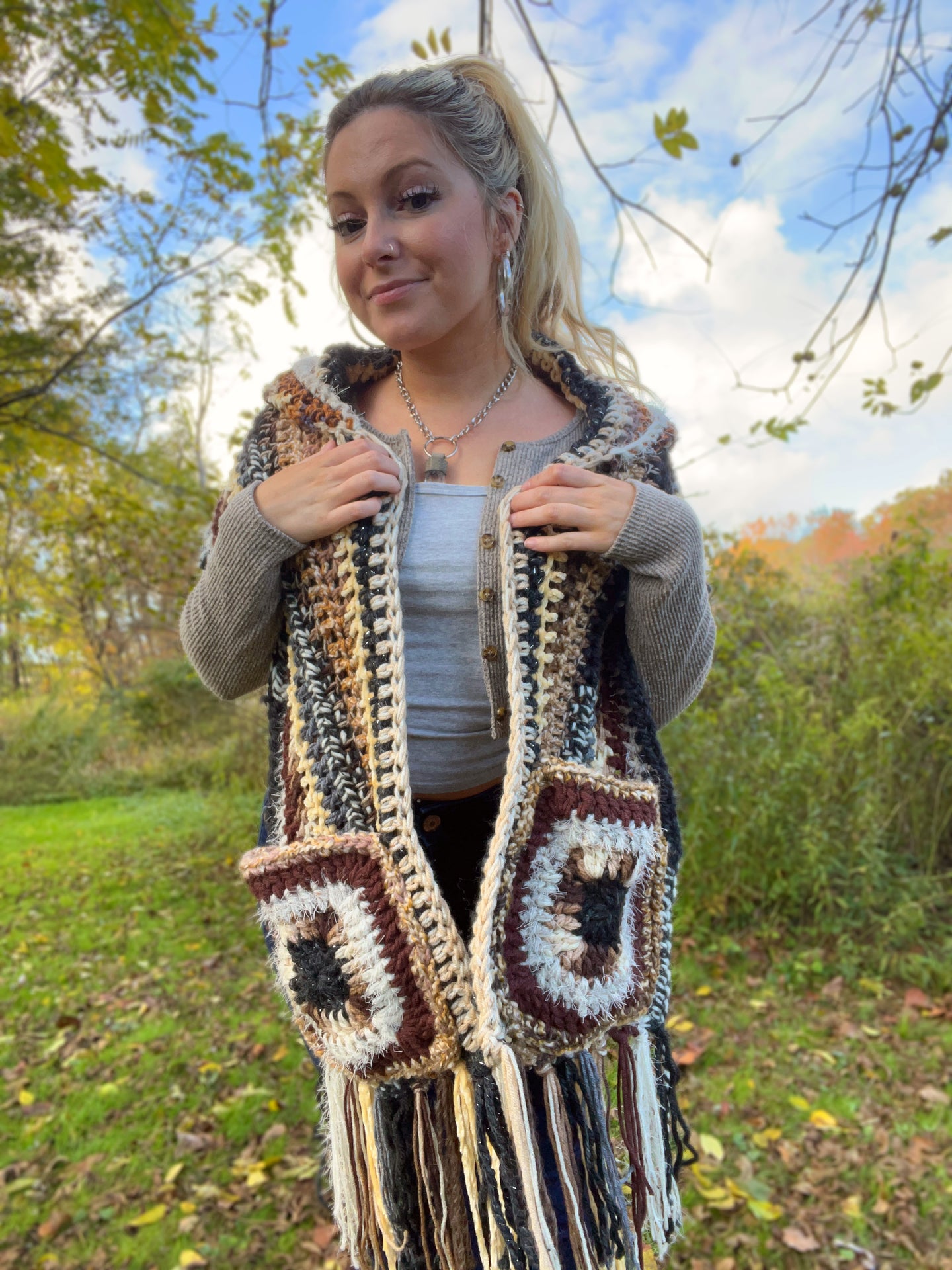 The She Wolf Shawl - Pom-Pom Hooded Pocket Scarf - Festival Pashmina