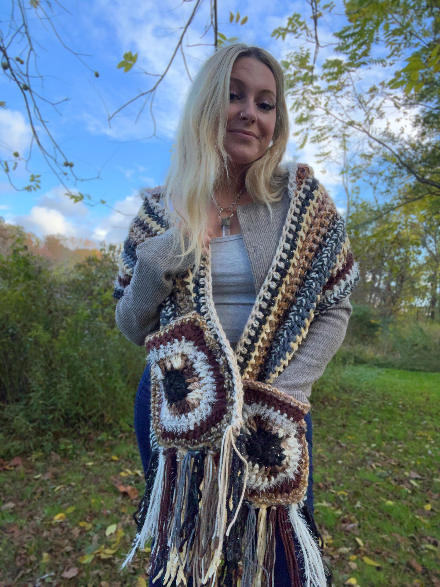 The She Wolf Shawl - Pom-Pom Hooded Pocket Scarf - Festival Pashmina