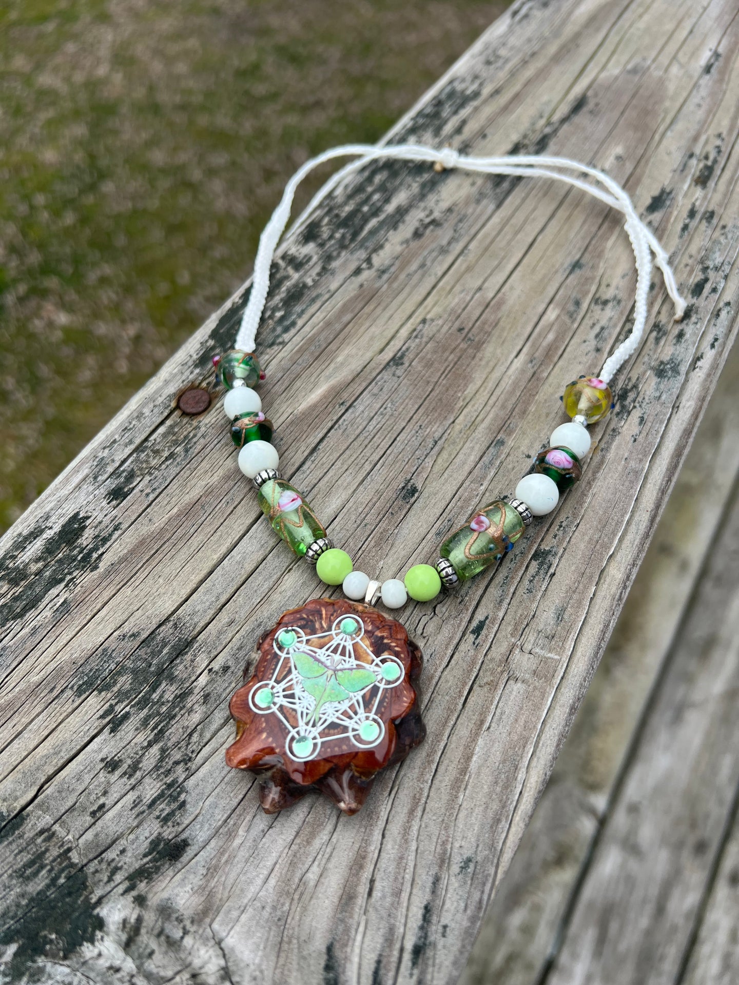 Luna Moth Pinecone Pendant - Macrame Adjustable Necklace / 14-26 inches