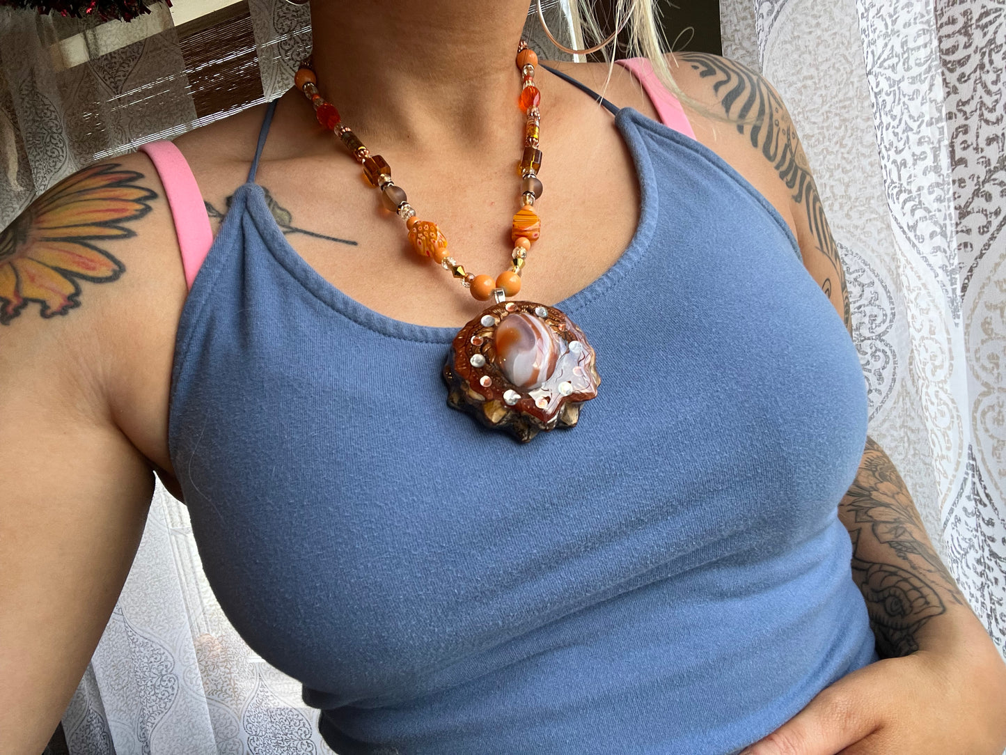 Carnelian Agate Pinecone Beaded Necklace 19-22"