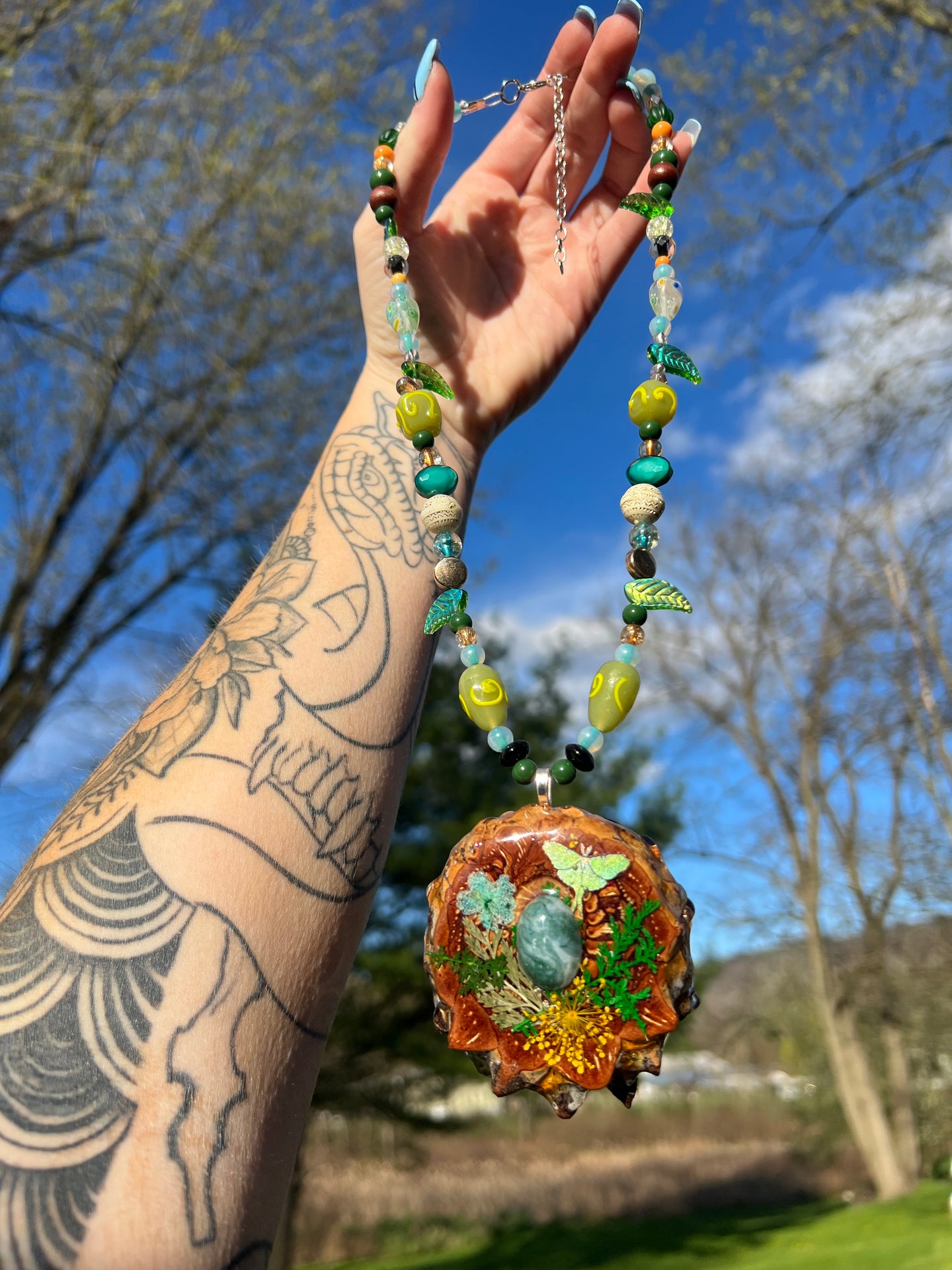 Luna Moth Beaded Pinecone Necklace