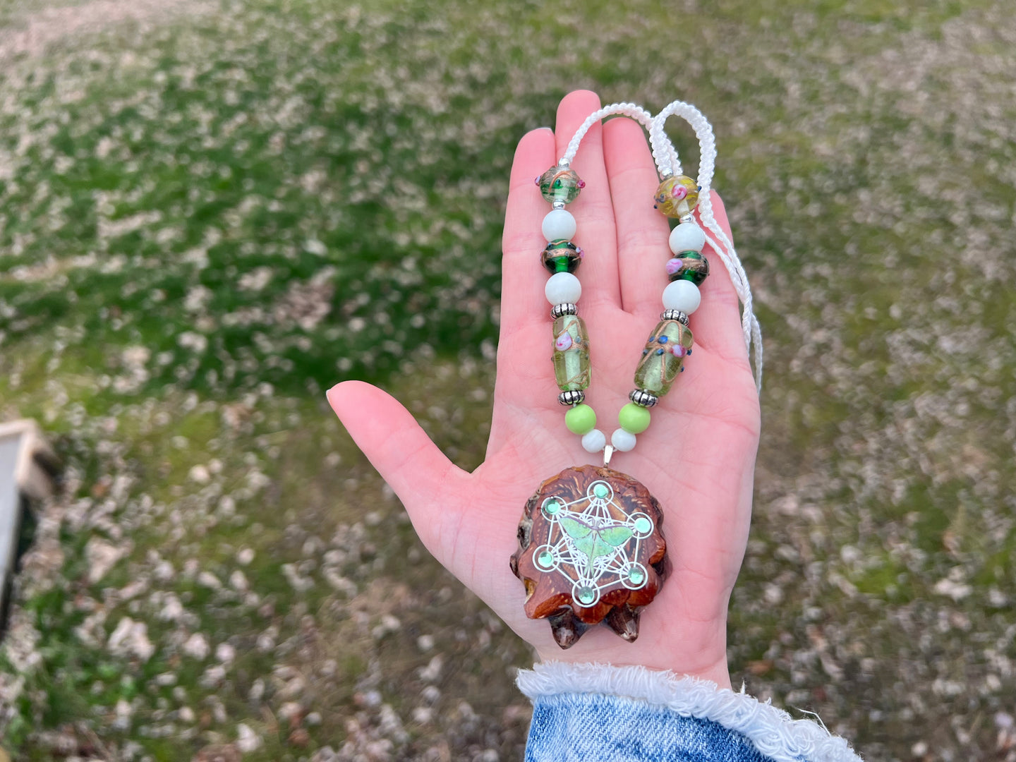Luna Moth Pinecone Pendant - Macrame Adjustable Necklace / 14-26 inches