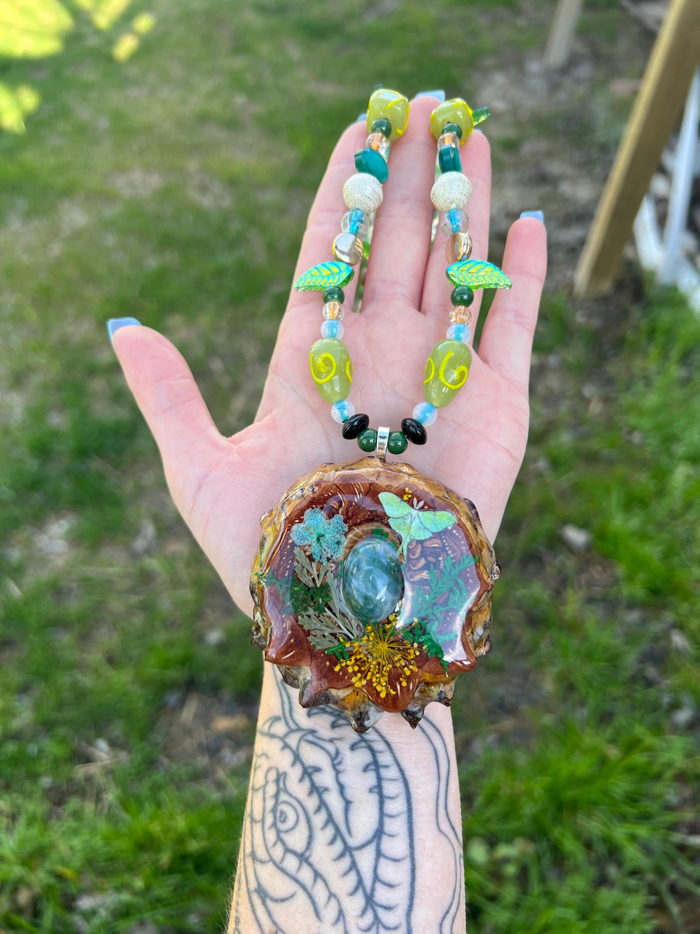 Luna Moth Beaded Pinecone Necklace