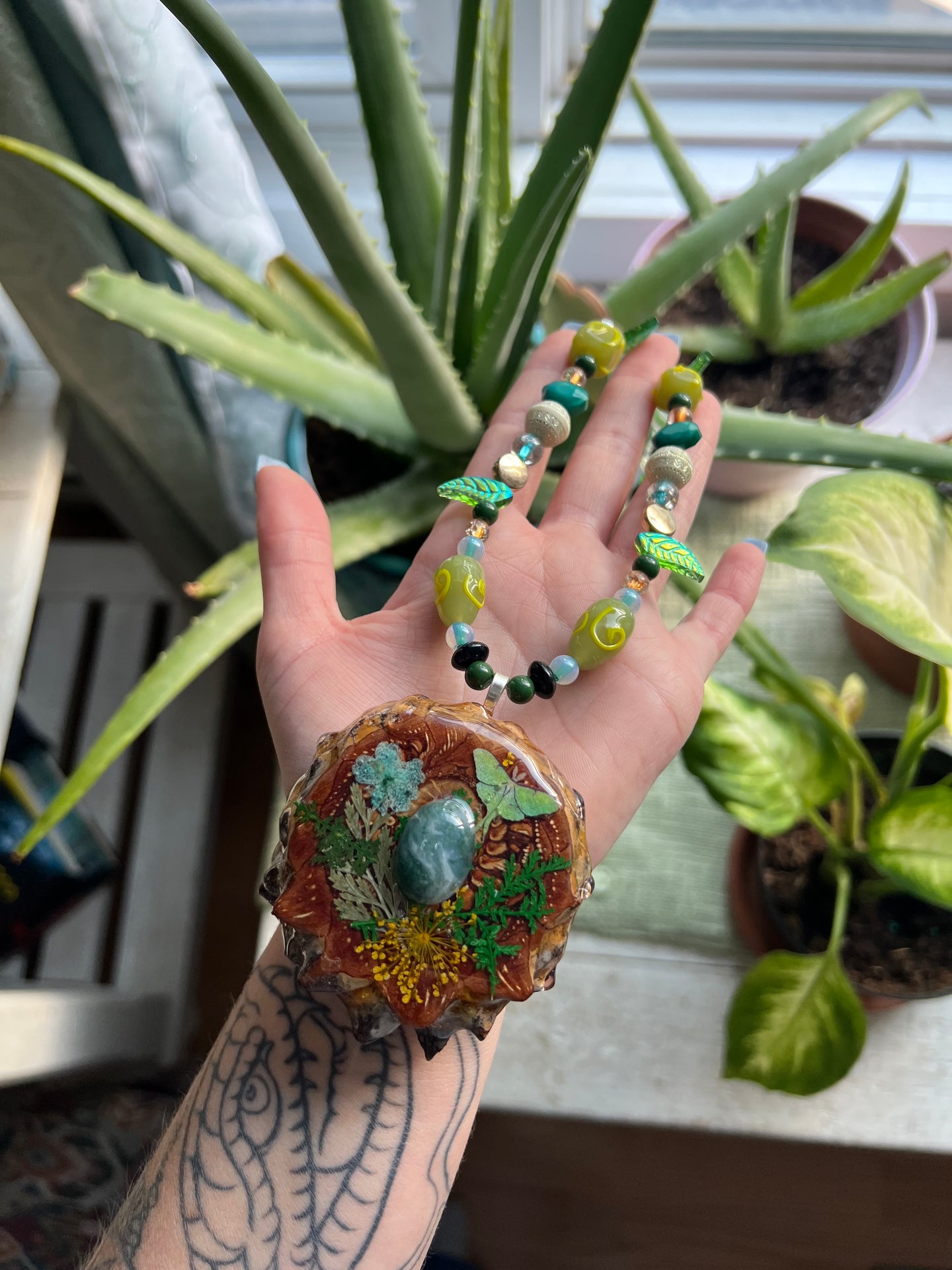 Luna Moth Beaded Pinecone Necklace