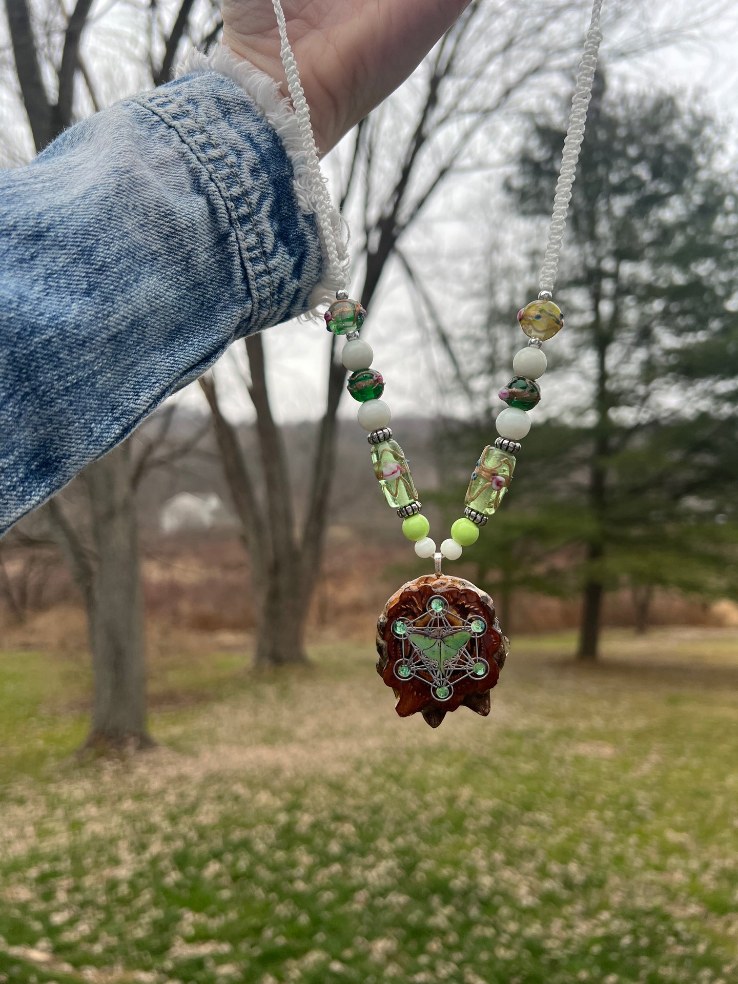 Luna Moth Pinecone Pendant - Macrame Adjustable Necklace / 14-26 inches