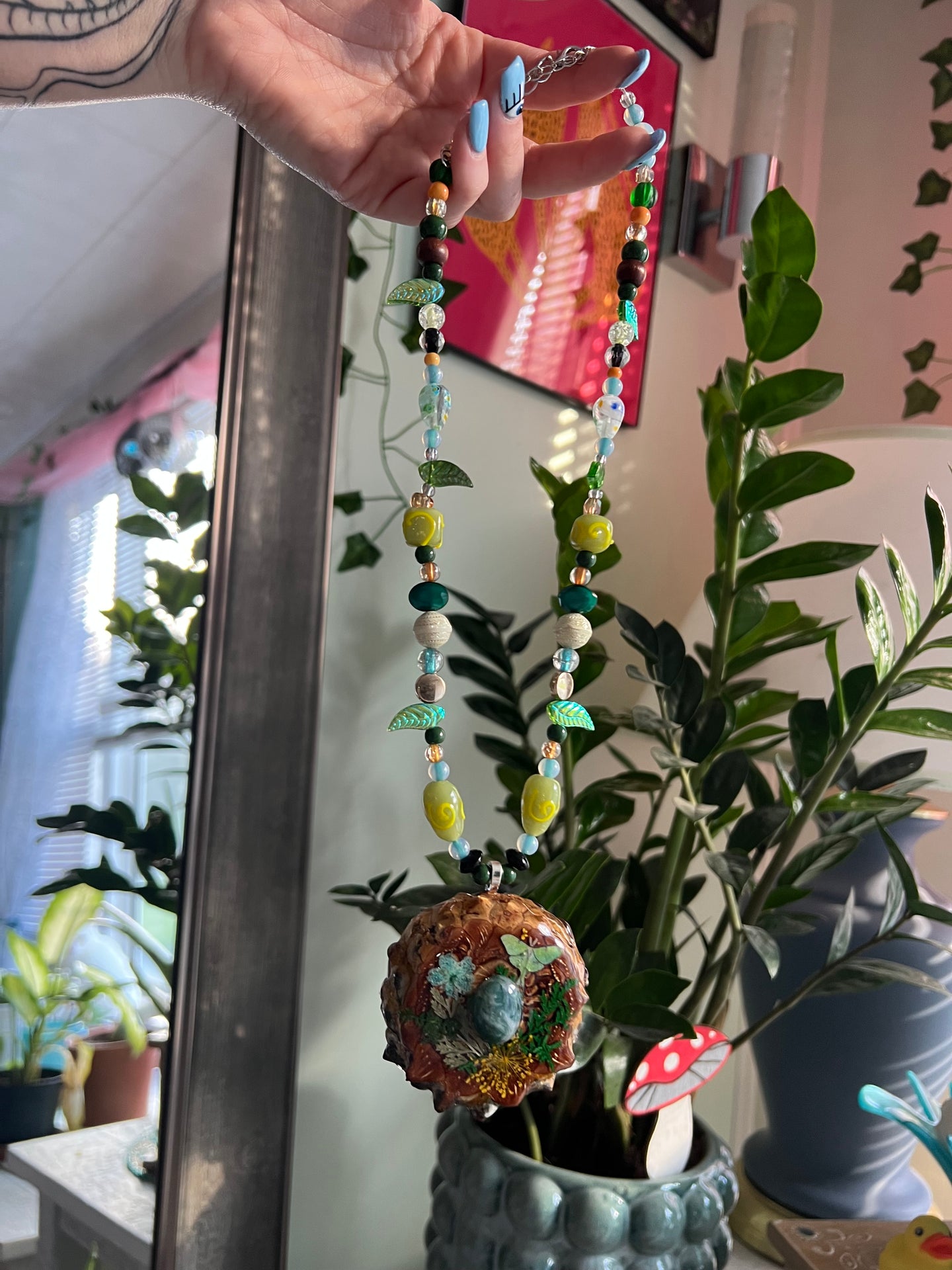 Luna Moth Beaded Pinecone Necklace