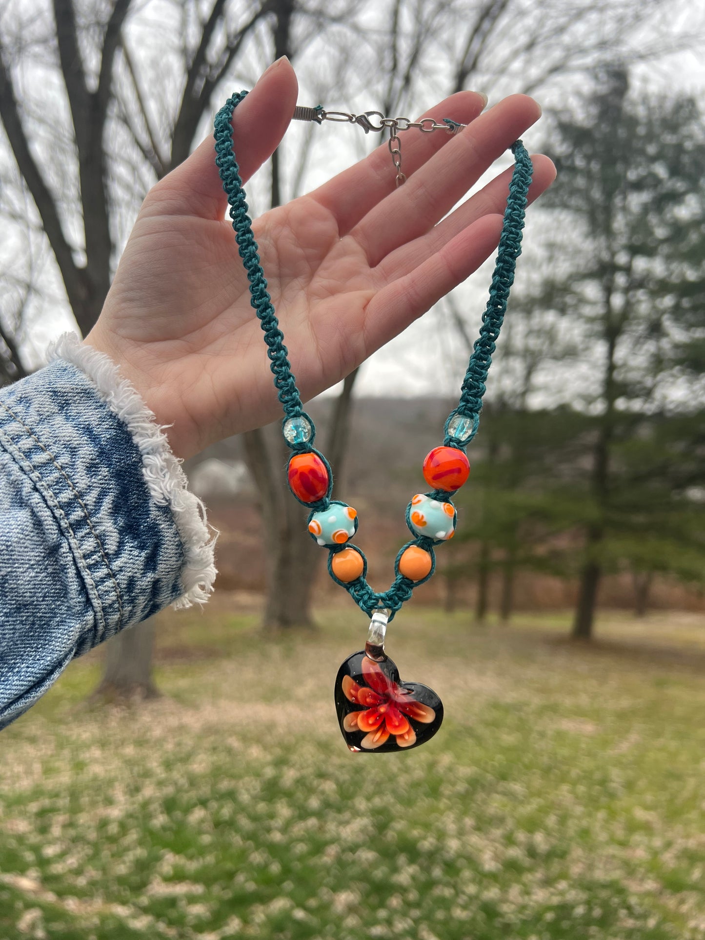 Glass Heart Hemp Necklace / 16-18 inches