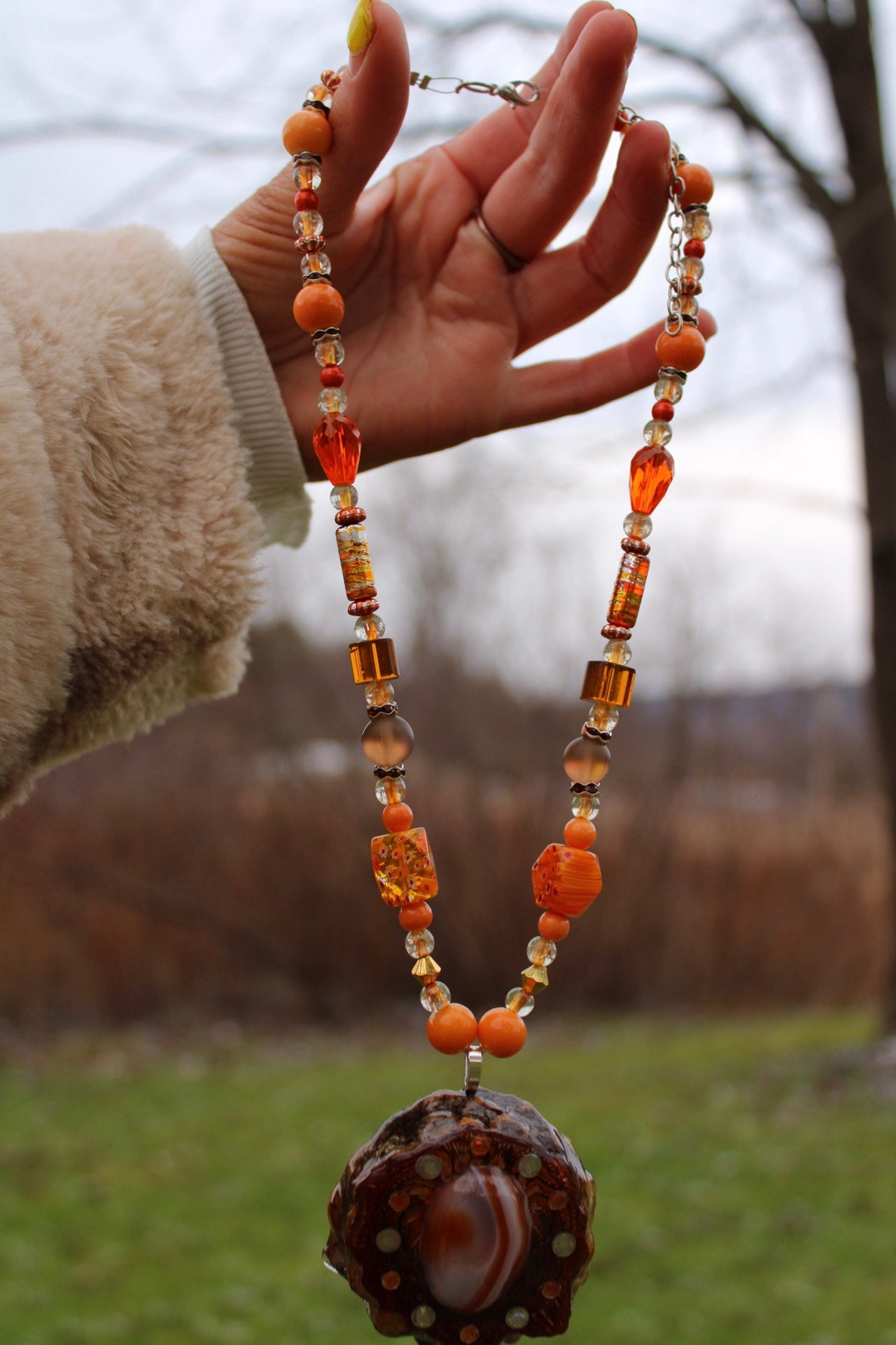 Carnelian Agate Pinecone Beaded Necklace 19-22"