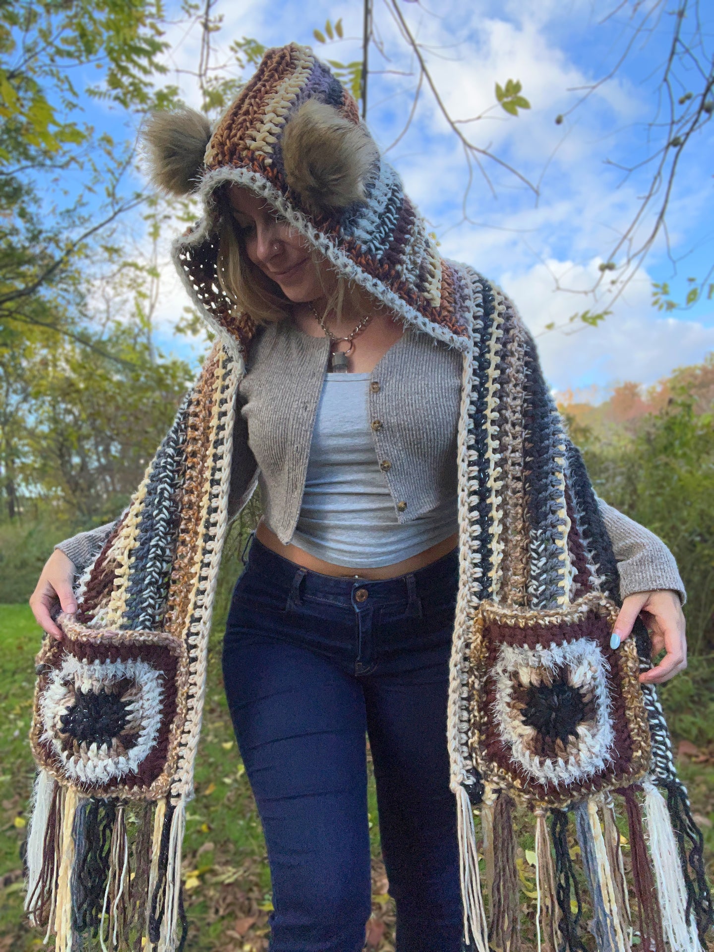 The She Wolf Shawl - Pom-Pom Hooded Pocket Scarf - Festival Pashmina