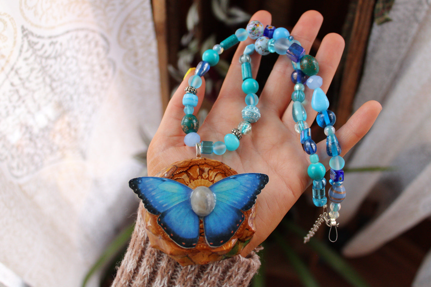 Large Butterfly Pinecone Beaded Necklace 19-22"