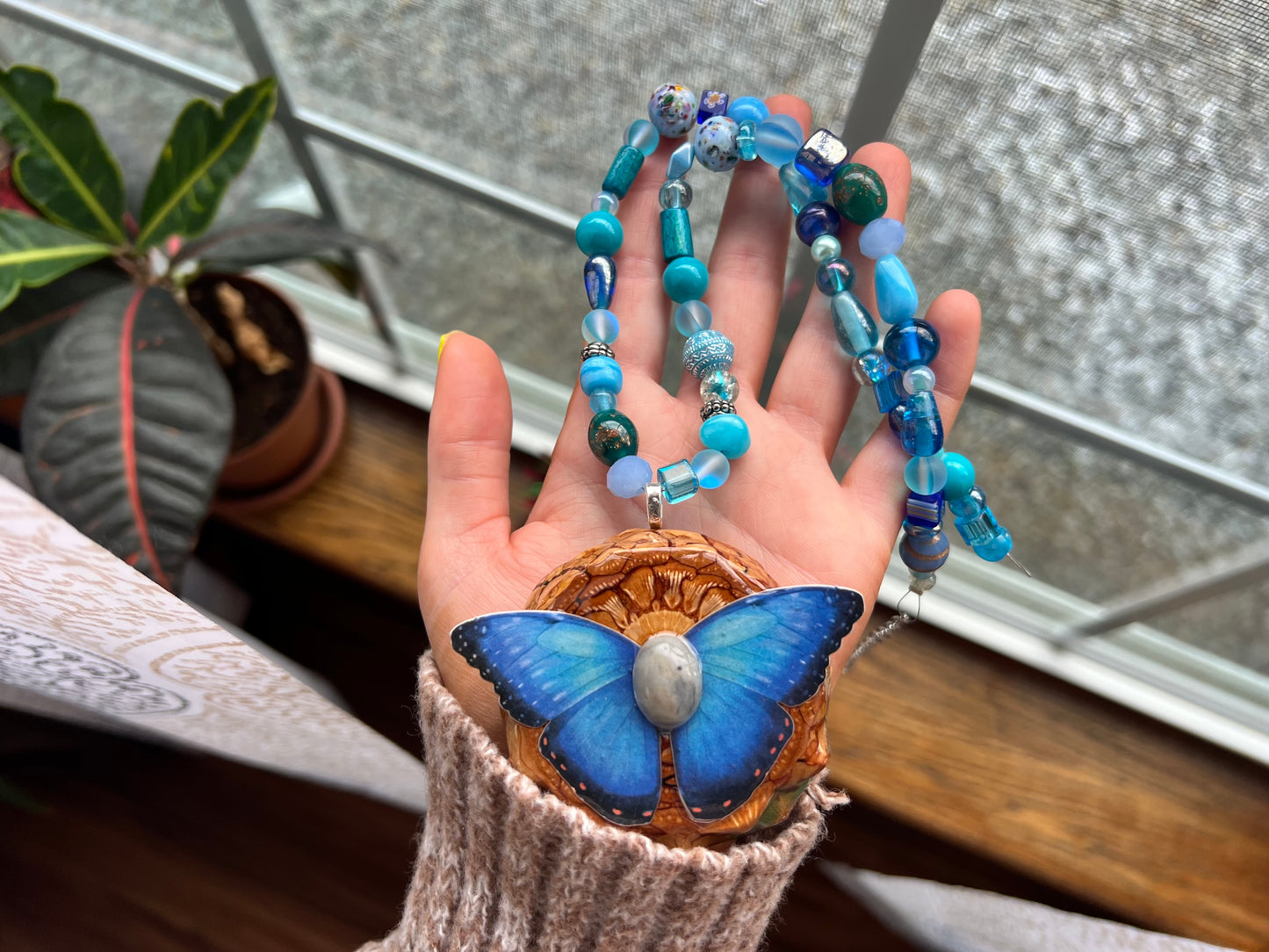 Large Butterfly Pinecone Beaded Necklace 19-22"