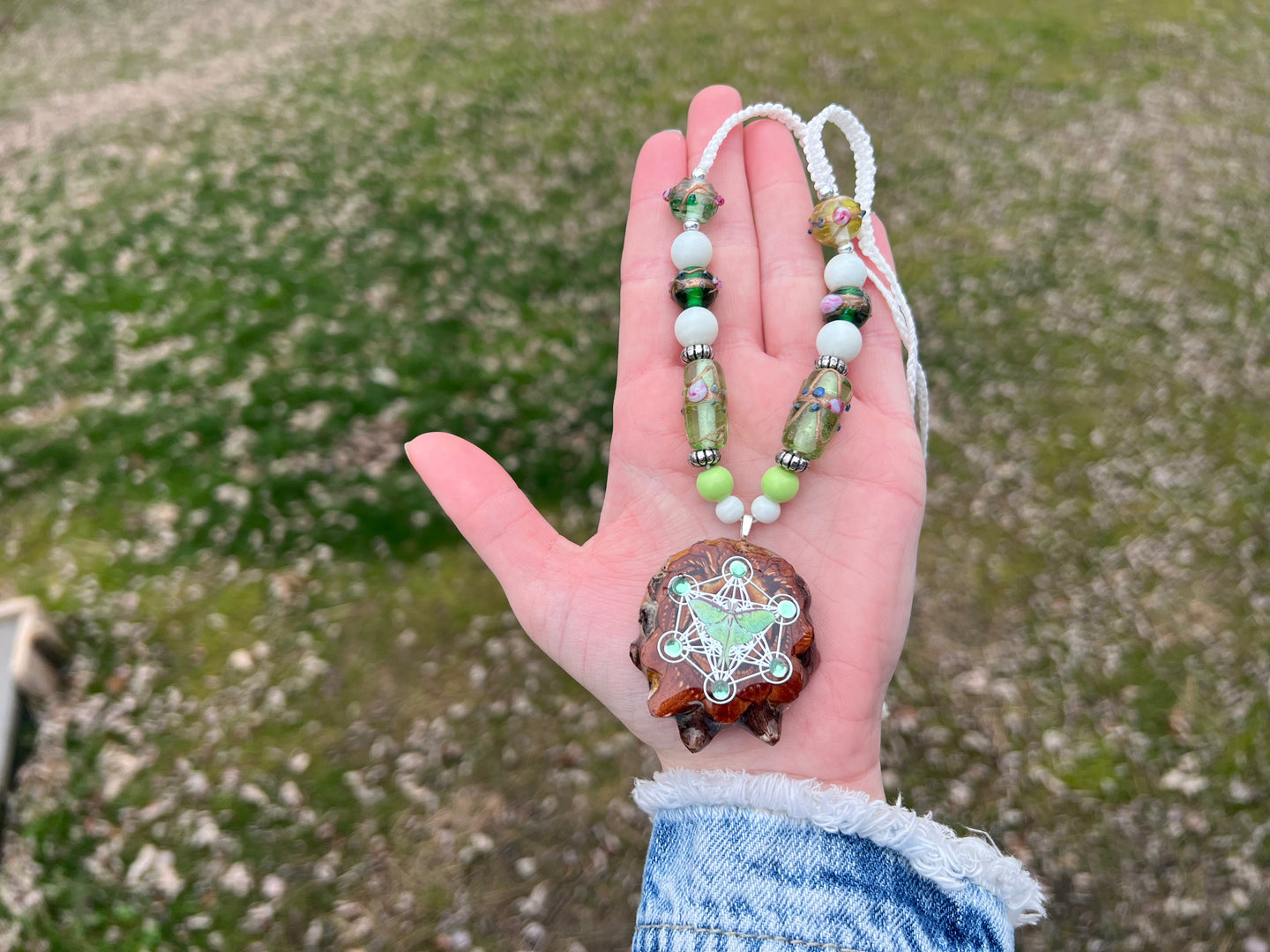 Luna Moth Pinecone Pendant - Macrame Adjustable Necklace / 14-26 inches