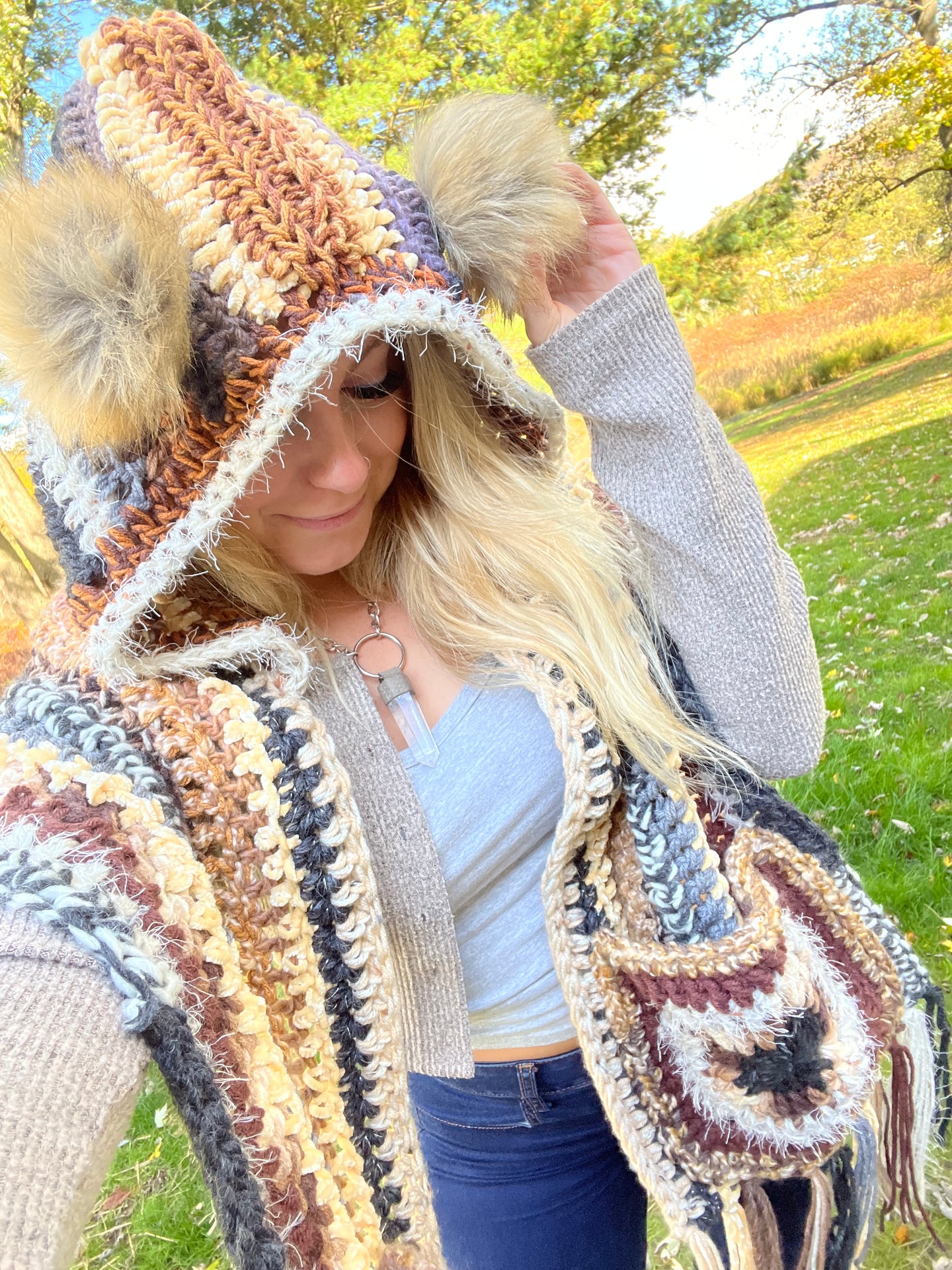 The She Wolf Shawl - Pom-Pom Hooded Pocket Scarf - Festival Pashmina
