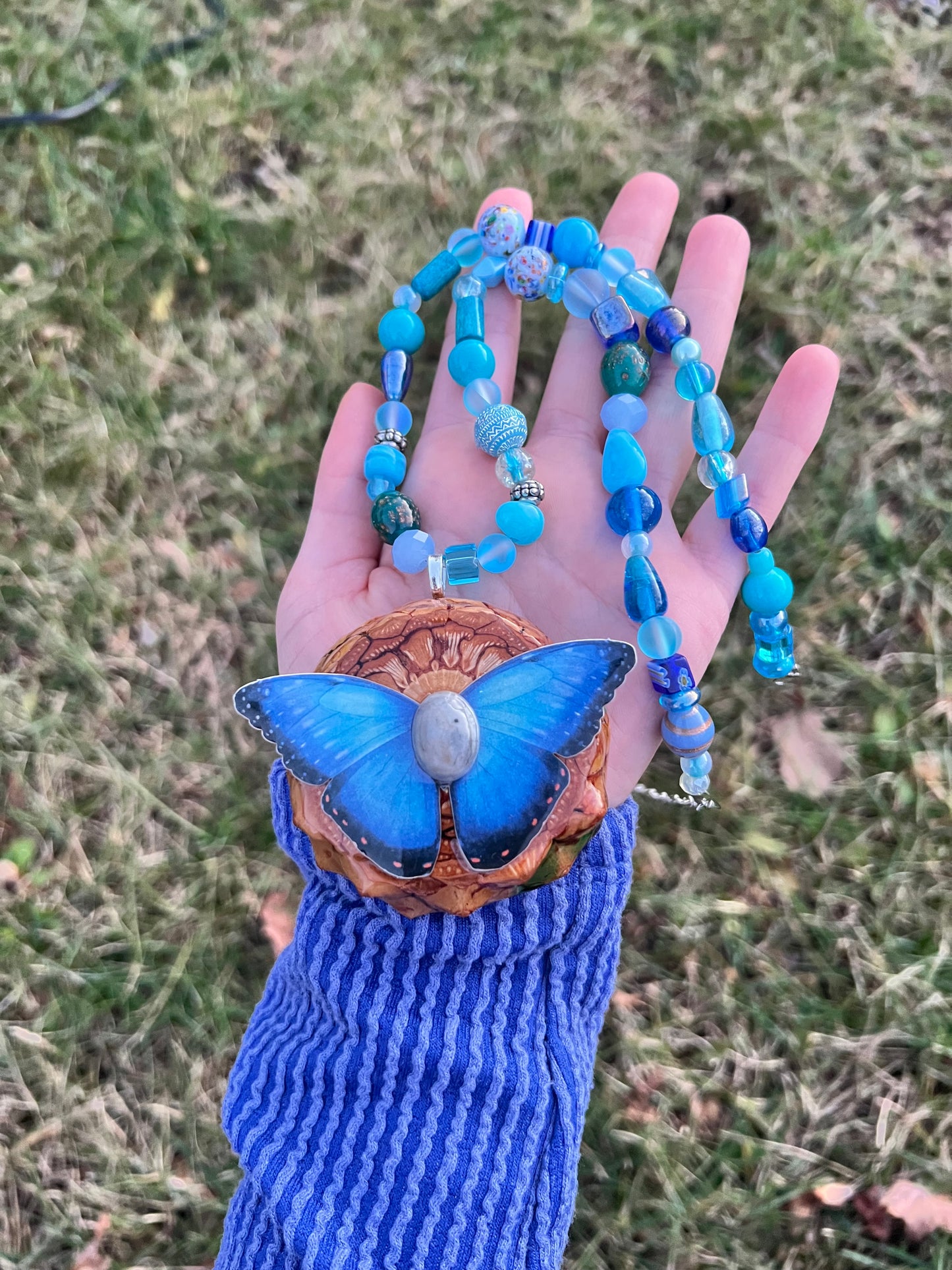 Large Butterfly Pinecone Beaded Necklace 19-22"