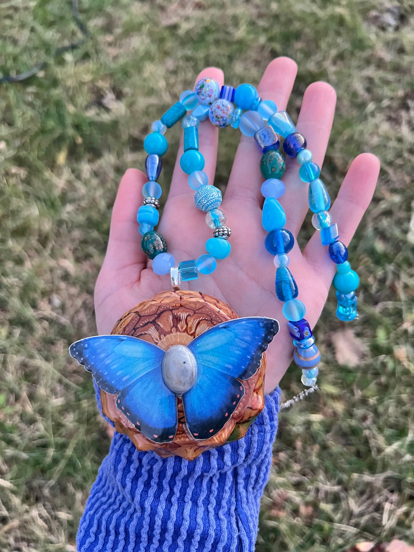 Large Butterfly Pinecone Beaded Necklace 19-22"