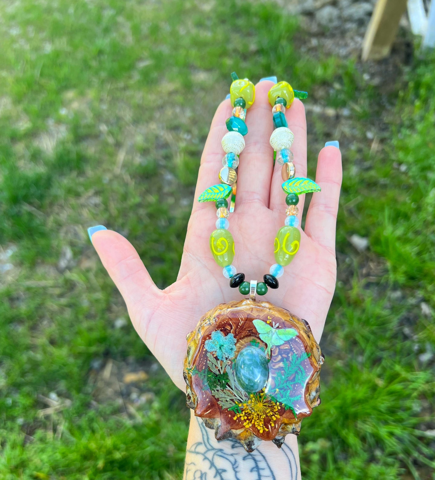 Luna Moth Beaded Pinecone Necklace