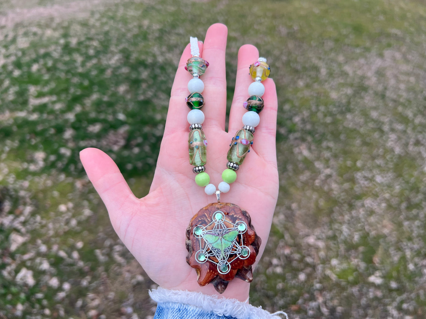Luna Moth Pinecone Pendant - Macrame Adjustable Necklace / 14-26 inches