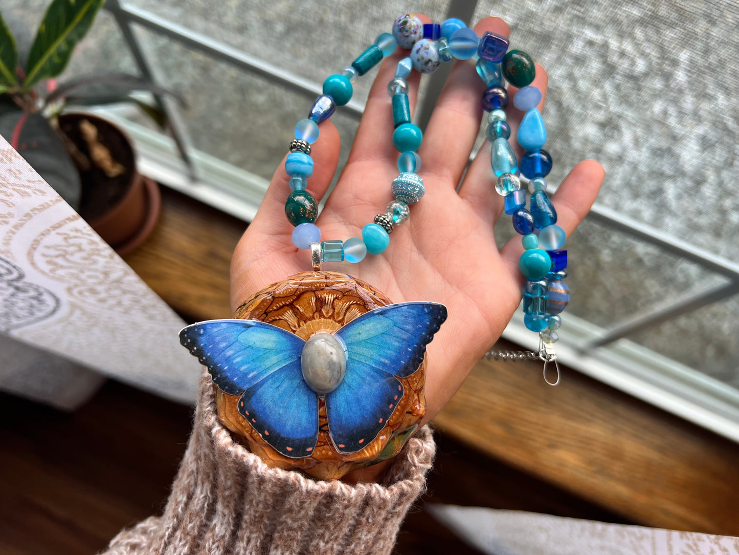 Large Butterfly Pinecone Beaded Necklace 19-22"