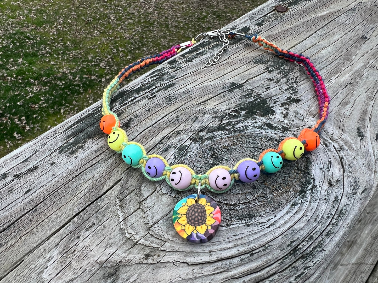 Sunflower Smiley Hemp Choker / 15.5-17.5 inches