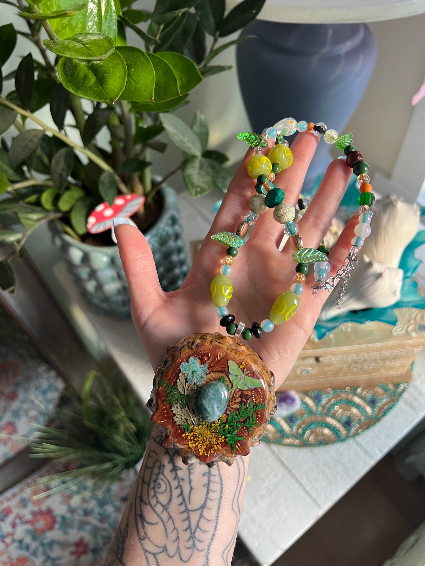 Luna Moth Beaded Pinecone Necklace