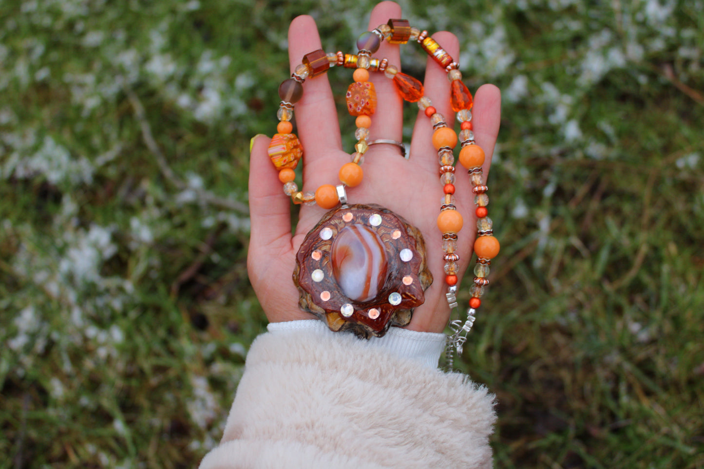 Carnelian Agate Pinecone Beaded Necklace 19-22"