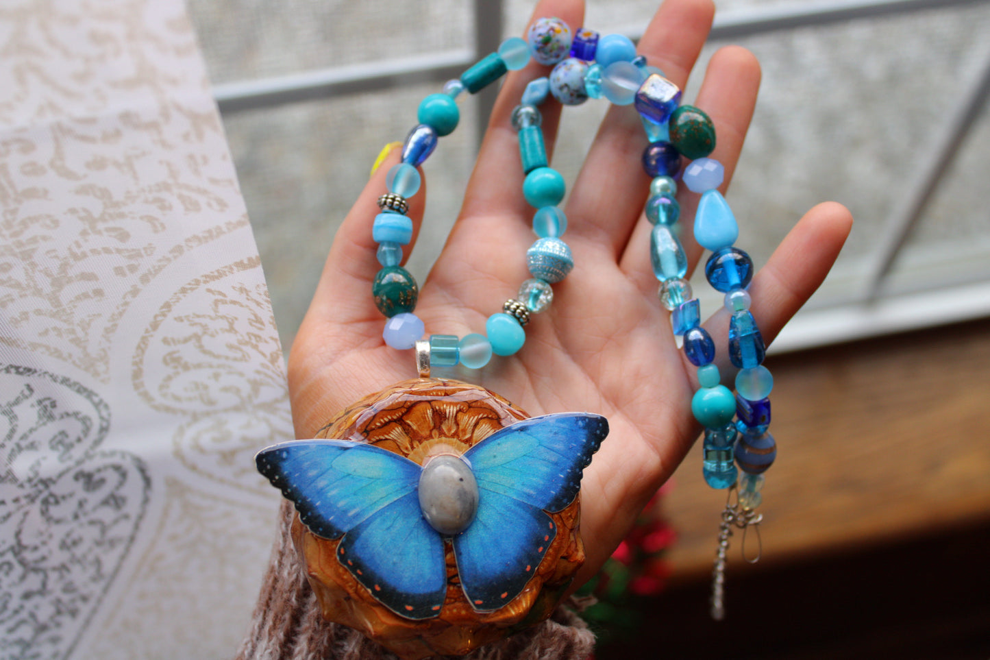 Large Butterfly Pinecone Beaded Necklace 19-22"