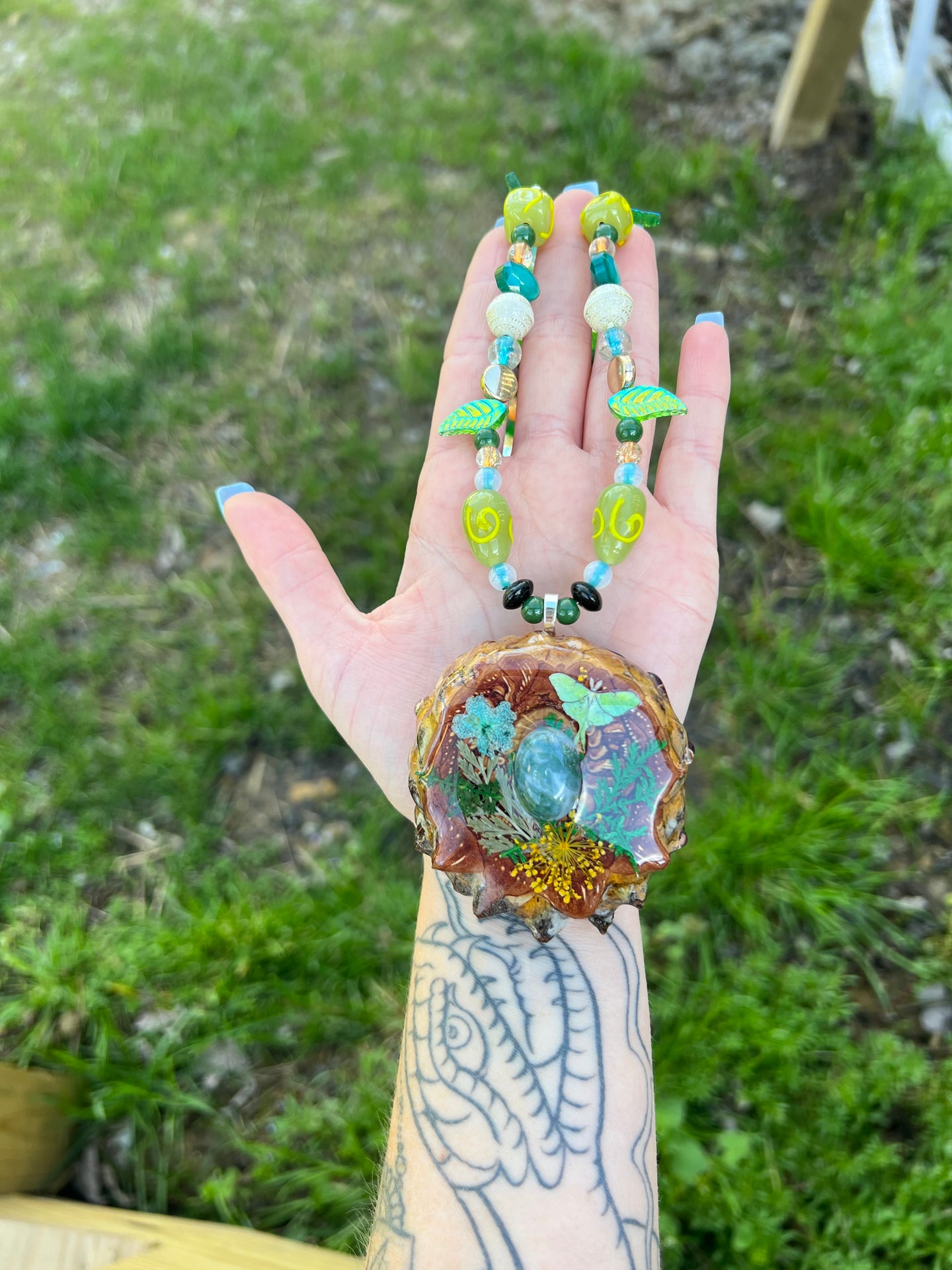 Luna Moth Beaded Pinecone Necklace