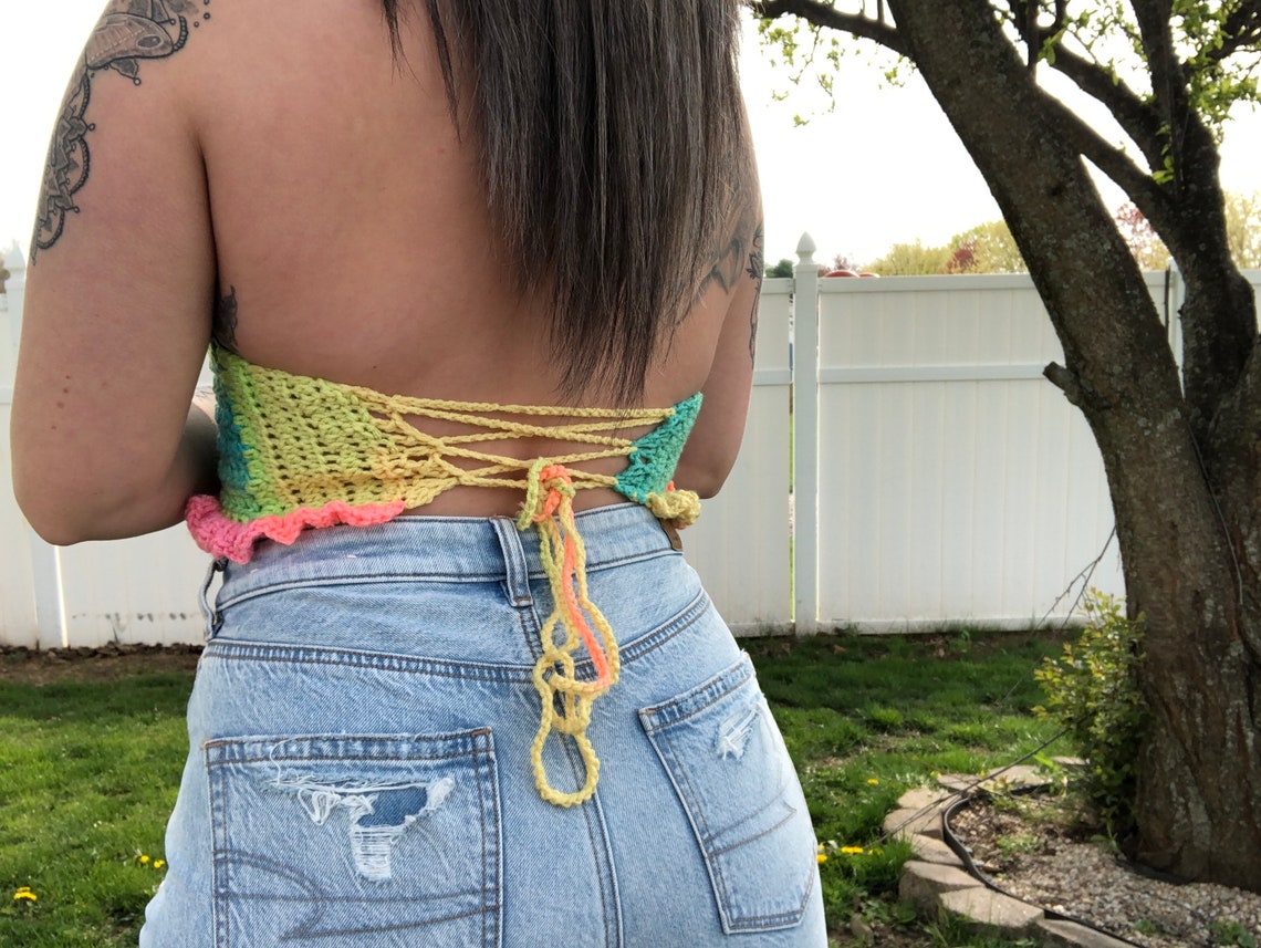 S/M Retro Stripe Crochet Crop Top